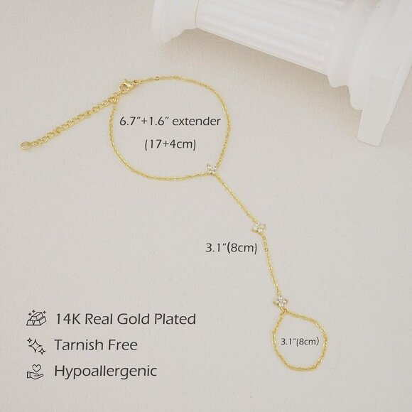 14K-Gold Plated GD Clover Link Trendy Chain Ring Bracelet Hand Chain for Women - Picture 6 of 8